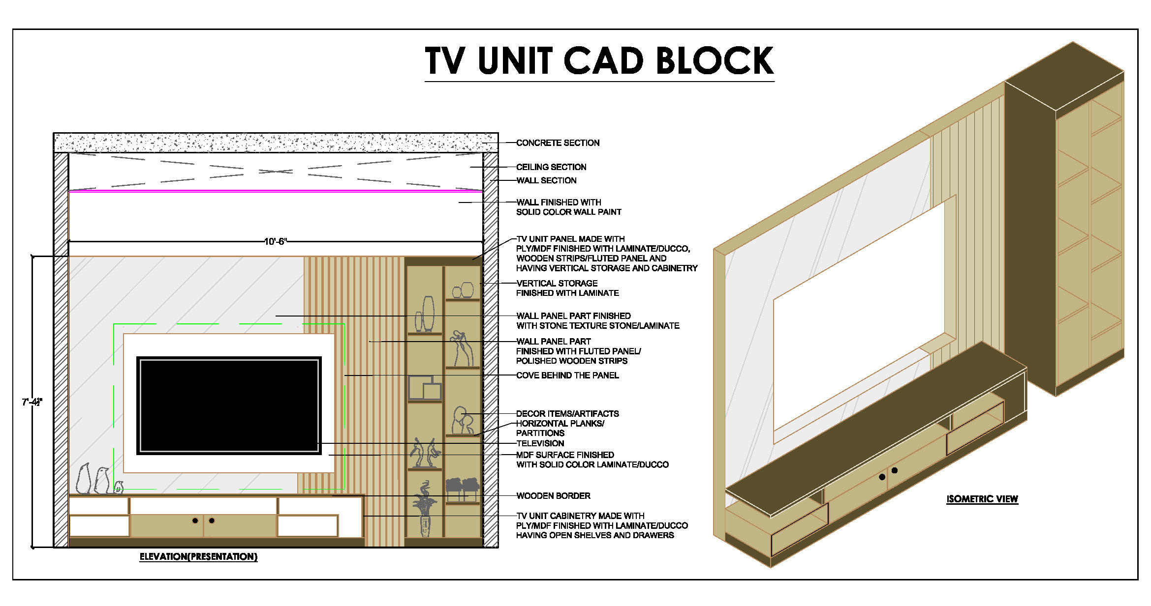 TV Unit Design CAD- Elevation & Isometric View